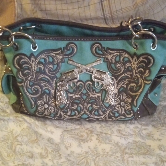 Turquoise Embroidered Shoulder Bag with Silver Details - Picture 1 of 12